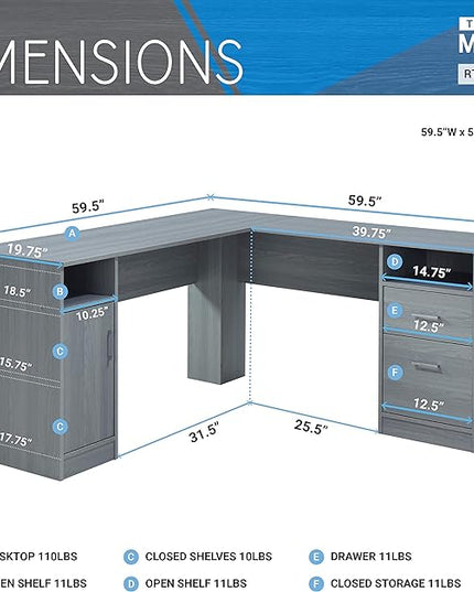 Techni Mobili Functional L-Shaped Computer Desk with storage, L is ⁠59.5" wide x 59.5" Long, Grey - LeafyLoom