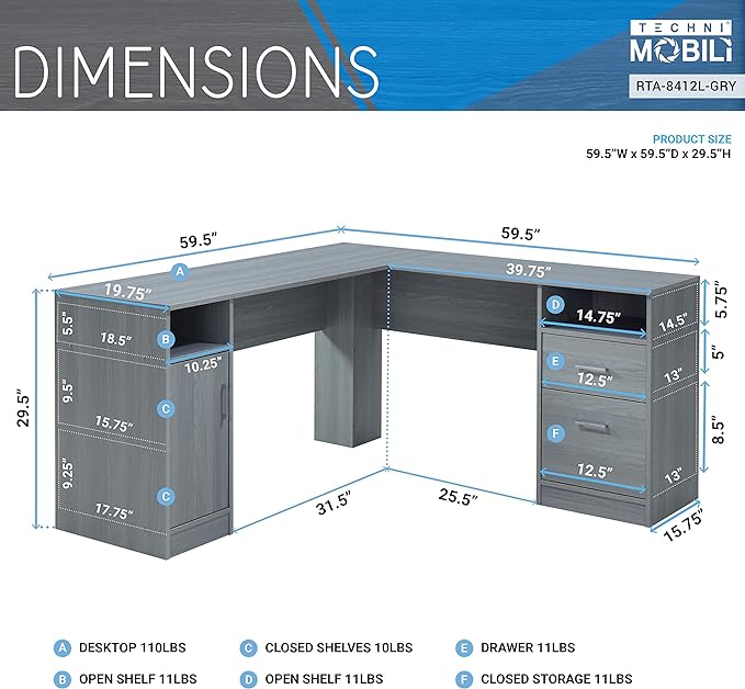 Techni Mobili Functional L-Shaped Computer Desk with storage, L is ⁠59.5" wide x 59.5" Long, Grey - LeafyLoom