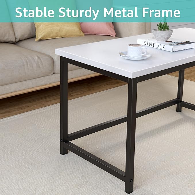 White Modern Coffee Table Wood for Living Room Rectangle Metal Simple Minimalist Center Table, Small Narrow Coffe Table, 32 Inch White Black - LeafyLoom