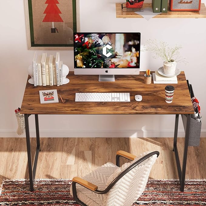 CubiCubi Computer Desk 47 Inch Study Writing Table for Home Office, Modern Simple Style PC Table with Storage Bag, Brown - LeafyLoom