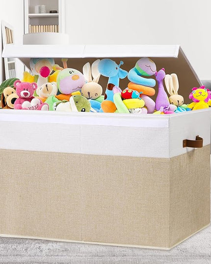 Large Toy Storage Box with Lid, Sturdy Toys Storage Chest Bin Organizer Basket with Dividers for Kids, Boys, Girls, Nursery, Closet, Bedroom, Playroom 26"x17" x17" (Beige and White) - LeafyLoom