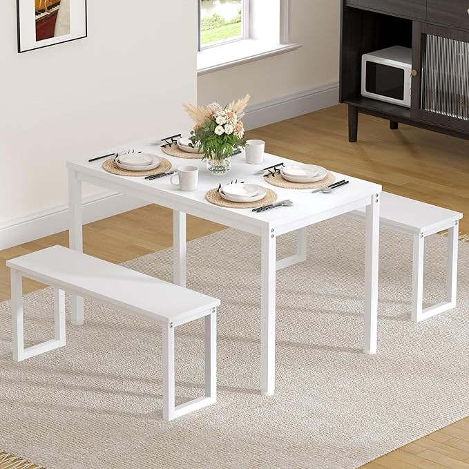 soges Kitchen Table Set with 2 Benches, White Dining Table Set for 4, 3 Piece Dining Room Table and Long Benches, Breakfast Table Coffee Table Set, Industrial Style Wooden Kitchen and Dining Room Set - LeafyLoom