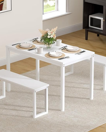 SDHYL Dining Table Set, 45in Dining Table Sets with 2 Benches, Dining Room Table Set for 3, Small Rectangular Wood Dining Table with 2 Bench Chairs/3 Piece Set for Home, Kitchen, Dining Room, White - LeafyLoom