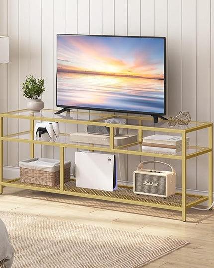 HOOBRO Gold TV Stand, Rectangular LED TV Stand with Power Outlets to 65'', Modern Glass Entertainment Center with Open Shelves, Media TV Console Table for Living Room, Bedroom, Gold GD49UDDS01 - LeafyLoom