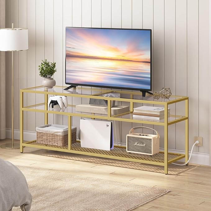 HOOBRO Gold TV Stand, Rectangular LED TV Stand with Power Outlets to 65'', Modern Glass Entertainment Center with Open Shelves, Media TV Console Table for Living Room, Bedroom, Gold GD49UDDS01 - LeafyLoom