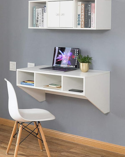 Wall Mounted Office Computer Desk and Floating Hutch Cabinet, White - LeafyLoom