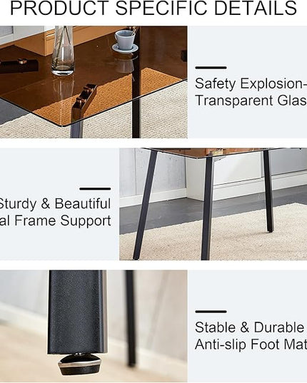 NicBex Modern Minimalist Style Rectangular Tea Brown Glass Dining Table Tempered Glass Tabletop and Black Metal Legs Suitable for Kitchen, Dining Room and Living Room, Dark Brown - LeafyLoom