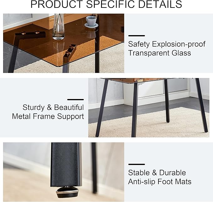 NicBex Modern Minimalist Style Rectangular Tea Brown Glass Dining Table Tempered Glass Tabletop and Black Metal Legs Suitable for Kitchen, Dining Room and Living Room, Dark Brown - LeafyLoom