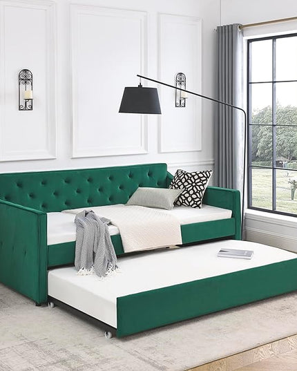RITSU Twin Size Daybed with Casters, Modern Button Upholstered Velvet Sofa Bed w/Waved Shape Arms, No Box Spring Needed, for Bedroom, Livingroom, Green, 80.50 - LeafyLoom