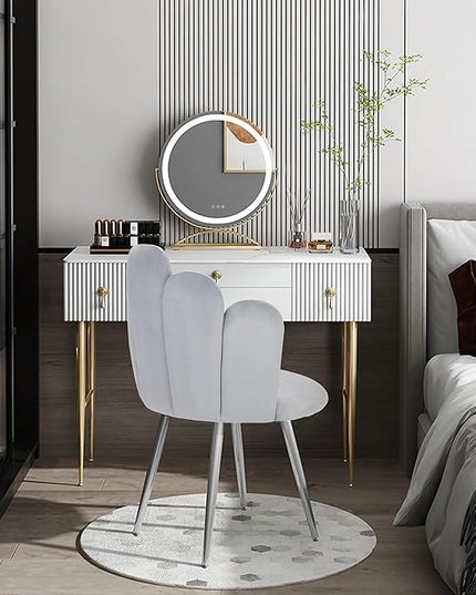 Vanity Chair for Makeup Room - Midcentury Modern Accent Chair for Living Room Bedroom, Makeup Chair with Back Support Velvet Chair with Gold Legs (Light Grey) - LeafyLoom