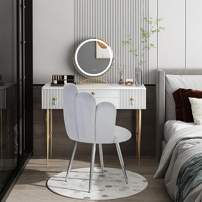 Vanity Chair for Makeup Room - Midcentury Modern Accent Chair for Living Room Bedroom, Makeup Chair with Back Support Velvet Chair with Gold Legs (Light Grey) - LeafyLoom