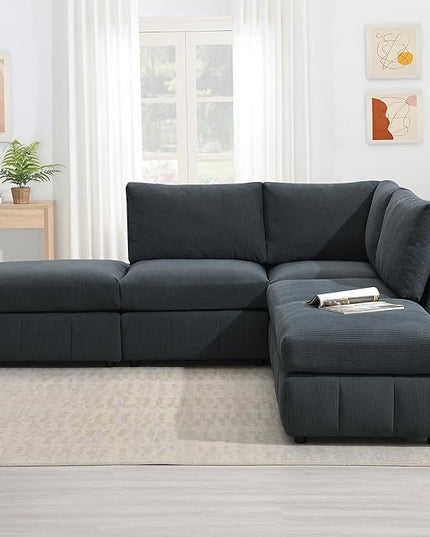 93" Sectional Couch with Convertible Ottomans, 5-Seat Armless Modular Sofa with Vertical Stripes, Freely Combinable Couch Sectionals for Living Room, Apartment - LeafyLoom