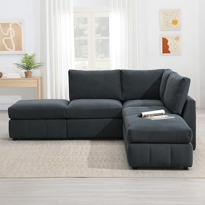 93" Sectional Couch with Convertible Ottomans, 5-Seat Armless Modular Sofa with Vertical Stripes, Freely Combinable Couch Sectionals for Living Room, Apartment - LeafyLoom