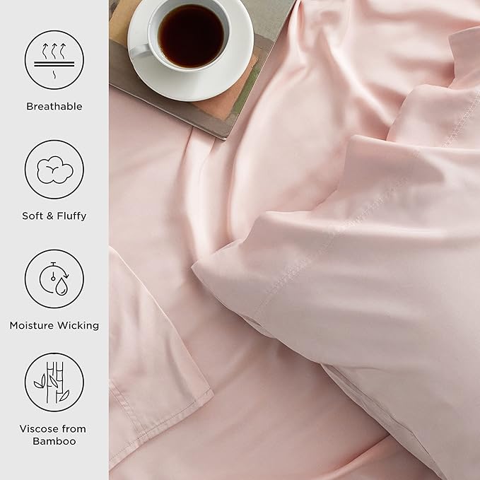 Bedsure Twin XL Sheet Set Dorm Bedding, Cooling Sheets Twin Extra Long Sheets, Rayon Derived from Bamboo, Deep Pocket Up to 16", Hotel Luxury Silky Bedding Sheets & Pillowcases, Pink - LeafyLoom