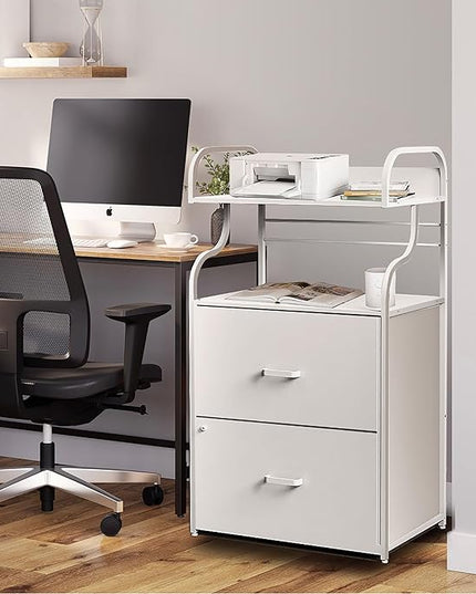 Vertical File Cabinet, 2 Drawer Mobile Filing Cabinet with 1 Bookshelf, Printer Stand with Open Storage Shelves Fits A4/Letter/Legal Size File Cabinets for Home Office Organizer, White - LeafyLoom