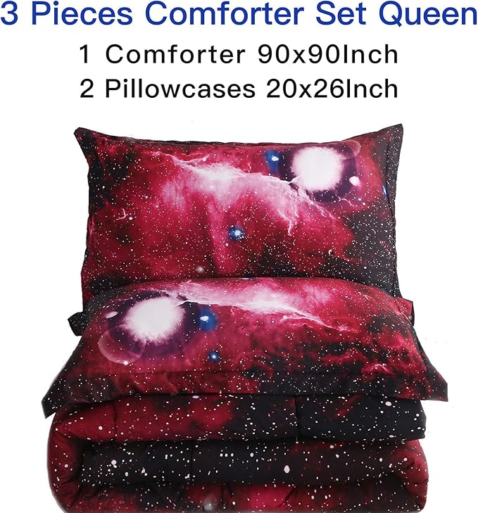 Litanika 3D Galaxy Comforter Queen(90x90lnch), 3 Pieces(1 Galaxy Comforter, 2 Pillowcases), Universe Nebula Outer Space Comforter, Microfiber Bedding Set for Boys Kids - LeafyLoom