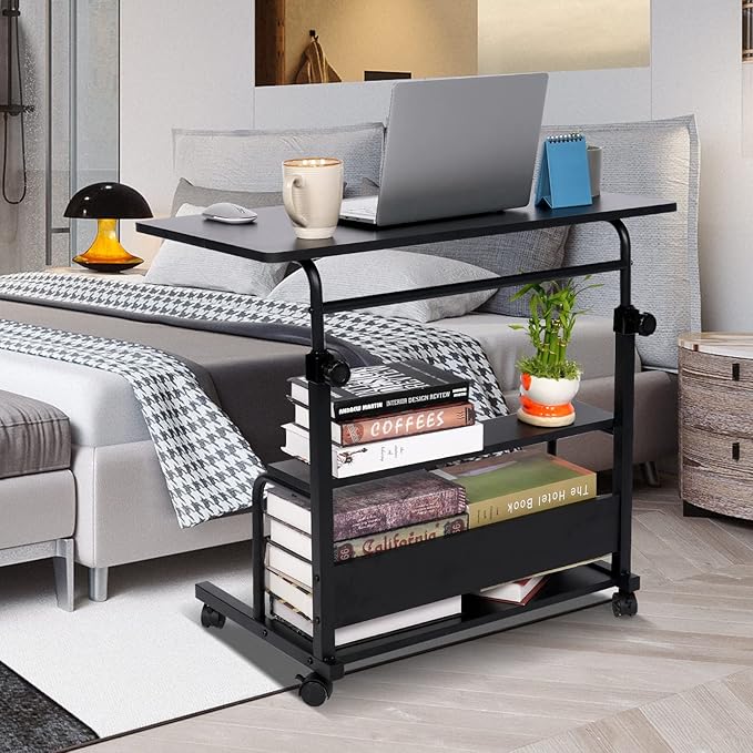 Portable Desk Small Desks for Small Spaces Laptop Table Black Rolling Adjustable Desk on Wheels Mobile Couch Desk for Bedroom Home Office Computer Standing Desk Student Desk with Storage 32x16 Inch - LeafyLoom