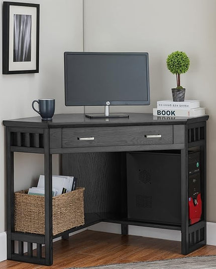 Leick Home 83430 Corner Computer/Writing Desk with Center Keyboard Drawer and Shelf, Black Oak - LeafyLoom