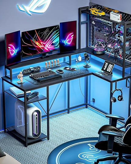 L Shaped Desk with Monitor Stand & Hutch, Computer Gaming Desk with LED Lights & Power Outlets, Home Office Coner Desk with Adjustable Storage Shelves, Black - LeafyLoom