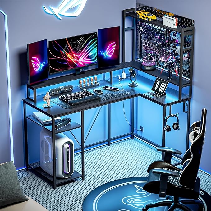 L Shaped Desk with Monitor Stand & Hutch, Computer Gaming Desk with LED Lights & Power Outlets, Home Office Coner Desk with Adjustable Storage Shelves, Black - LeafyLoom