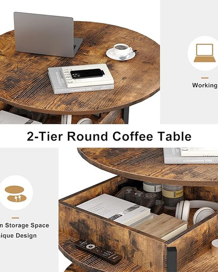 FABATO Round Lift Top Coffee Table for Living Room, 35.43'' Round Coffee Table with Storage and Hidden Compartment, 2 Tier Large Farmhouse Coffee Table Round Dining Table, Rustic Brown - LeafyLoom