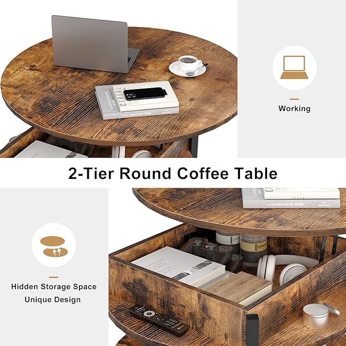 FABATO Round Lift Top Coffee Table for Living Room, 35.43'' Round Coffee Table with Storage and Hidden Compartment, 2 Tier Large Farmhouse Coffee Table Round Dining Table, Rustic Brown - LeafyLoom