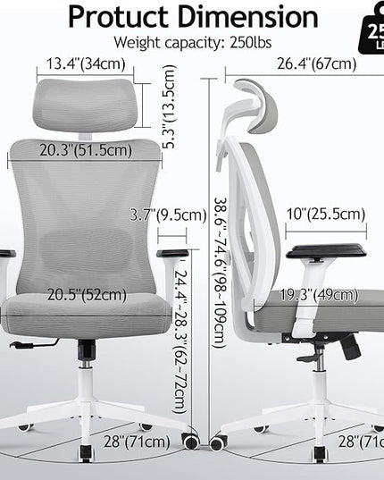 KERDOM Ergonomic Office Chair, Rolling Swivel Executive Desk Chair, Breathable Mesh Gaming Chair with Adjustable Headrest, 3D Armrest and Lumbar Support for Home Office LightGray - LeafyLoom