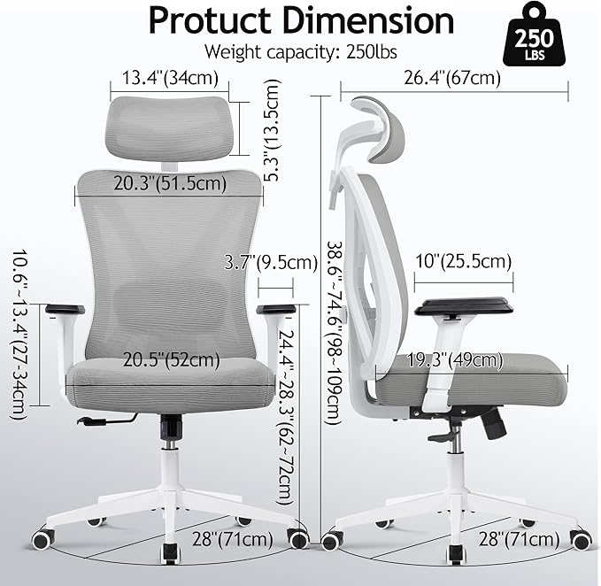 KERDOM Ergonomic Office Chair, Rolling Swivel Executive Desk Chair, Breathable Mesh Gaming Chair with Adjustable Headrest, 3D Armrest and Lumbar Support for Home Office LightGray - LeafyLoom