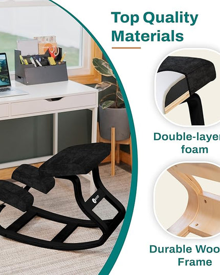 Ergonomic Kneeling Chair - A Rocking Knee Chair and Wooden Desk Chair designed for Home Office comfort and Posture support, Offering Back Pain Relief - Total Black Velvet - LeafyLoom