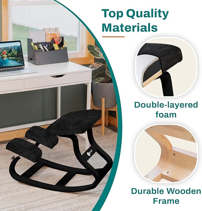 Ergonomic Kneeling Chair - A Rocking Knee Chair and Wooden Desk Chair designed for Home Office comfort and Posture support, Offering Back Pain Relief - Total Black Velvet - LeafyLoom
