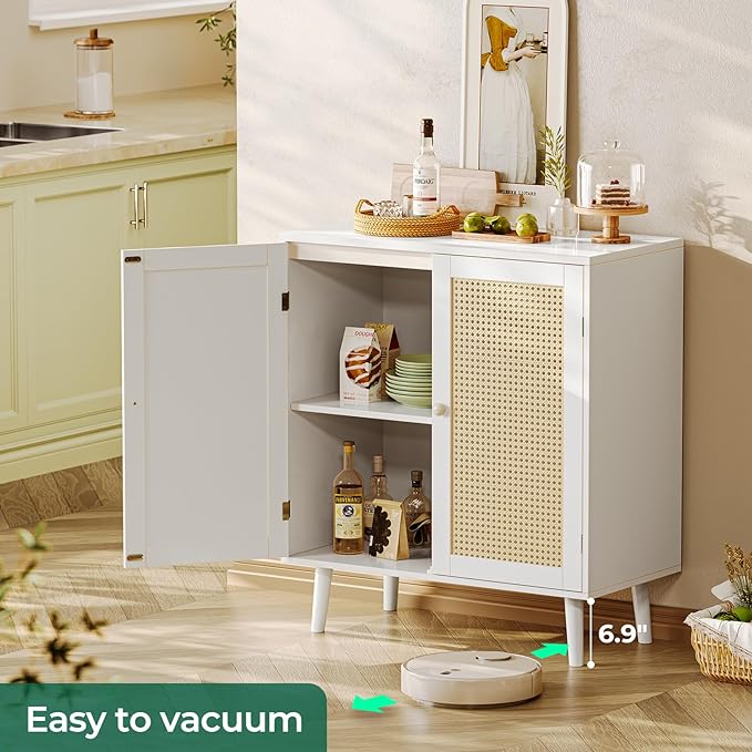 Buffet Cabinet with Storage, Storage Cabinet with PE Rattan Decor Doors, Accent Cabinet with Solid Wood Feet, Sideboard Cabinet for Hallway, Entry, Living Room, White - LeafyLoom