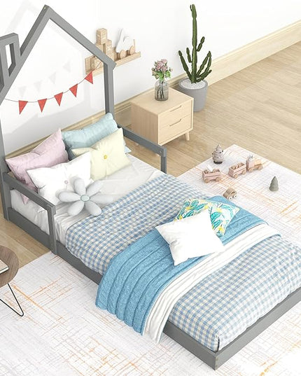 Bellemave Twin Size House-Shaped Headboard Floor Bed for Kids,Montessori Floor Bed with Handrails and Slats,Wood House Bed Twin for Girls,Boys(Twin,Grey) - LeafyLoom