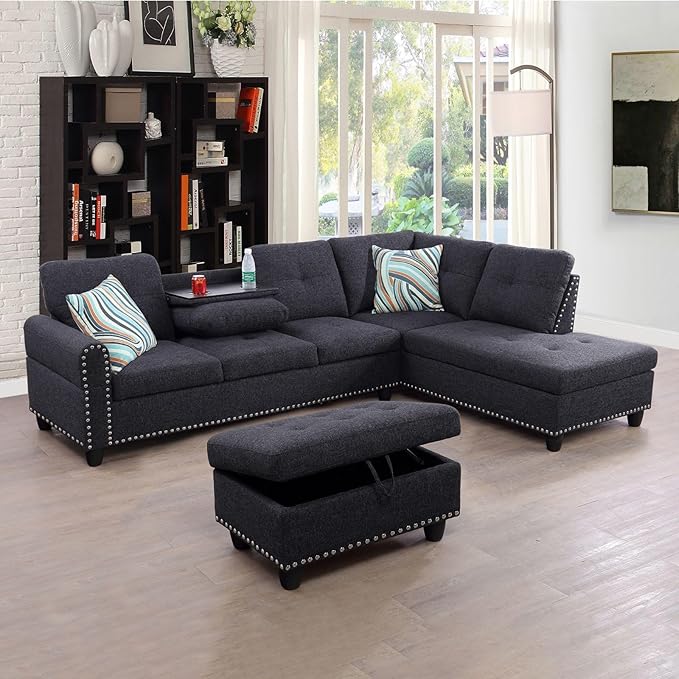 ROOMTEC Modern L Shaped Sectional Sofa with Storage Ottoman, Left Facing Chaise Longue, Reversible Backrest w/ 2 Cup Holders, Faux Leather Tufted Cushions, for Living Room, Apartment, Brown - LeafyLoom