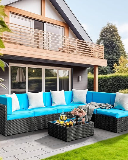 Pamapic 7-Piece Outdoor Furniture,All-Weather Wicker Modular Sectional Sofa with Patio Crystal Coffee Table, Adjustable Reclining Sectional Couch with Washable Removable Cushion Covers, Light Blue - LeafyLoom