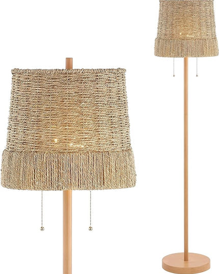 JONATHAN Y JYL3091A Ocata 61" 2-Light Coastal Bohemian Iron/Rattan LED Floor Lamp with Pull-Chain Farmhouse, Rustic Standing Reading Lamp LED Bulb Included, Brown Wood Finish - LeafyLoom