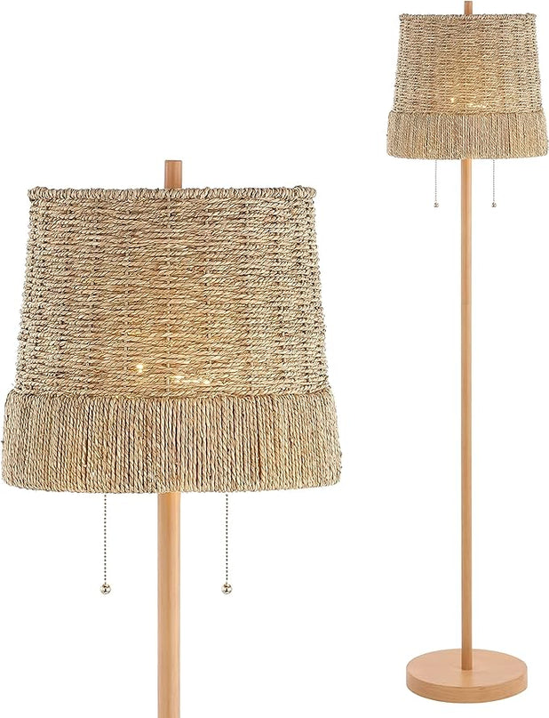 JONATHAN Y JYL3091A Ocata 61" 2-Light Coastal Bohemian Iron/Rattan LED Floor Lamp with Pull-Chain Farmhouse, Rustic Standing Reading Lamp LED Bulb Included, Brown Wood Finish - LeafyLoom