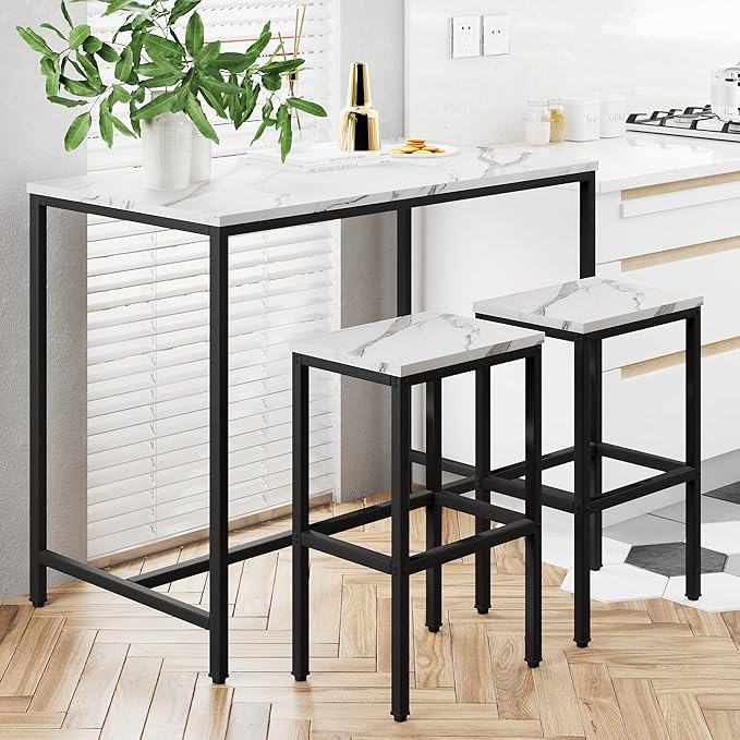 Yongchuang 3 Piece Bar Table Set, Bar Table and Chairs Set of 2, Modern Counter Height Table with 2 Stools for Kitchen, Dining Room, Living Room Breakfast Table White Faux Marble Wood Top - LeafyLoom