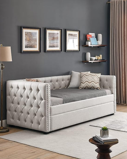 Twin Size Upholstered Daybed with Trundle, Bedroom Wooden Sofa Bed Frame w/Button Tufted and Copper Nail on Square Arms, No Spring Box Need, for Dorm, Beige (85"x42.5"x31.5") - LeafyLoom