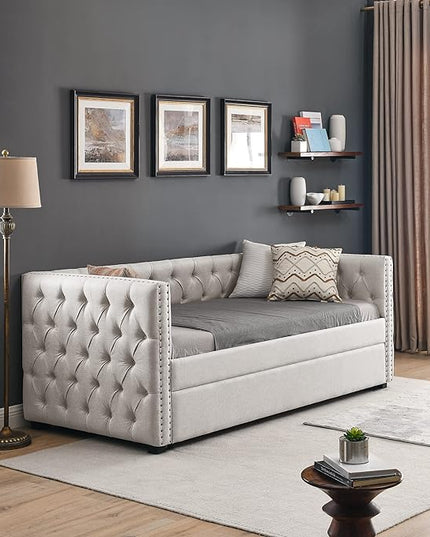 Upholstered Twin Size Daybed with Trundle,Solid Wooden Sofa Bed Frame W/Button Tufted & Copper Nail on Square Arms,No Spring Box Need,Bedframe for Living Room Bedroom Dorm,Beige Linen - LeafyLoom