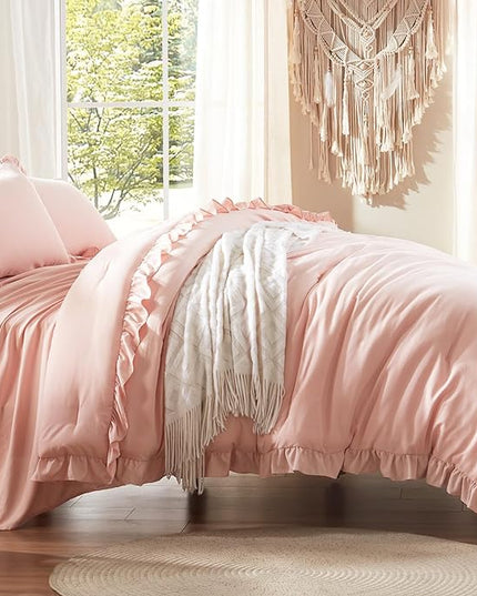 Anluoer Twin Comforter Set 5 Piece, Pink Bed in a Bag with Sheets, All Season Ruffle Shabby Chic Bedding Sets with 1 Comforter, 1 Pillow Sham, 1 Pillowcase, 1 Flat Sheet, 1 Fitted Sheet - LeafyLoom