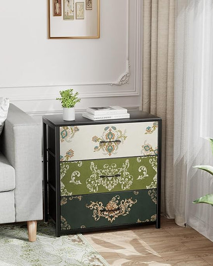 Nightstand, End Table, Bedside Table, Small Tall Boho Dresser for Bedroom with 3 Drawer, Chest of Drawers Fabric Dressers with Wood Top for Closet, Living Room, Retro Flower - LeafyLoom