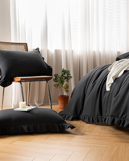 JANZAA Black Comforter Set Twin Comforter Set Ruffled Comforter Set Soft Twin Size Bed Set Vintage Farmhouse Bed Comforter Set Shabby Fluffy Bedding (1 Solid Color Comforter and 1 Pillowcase) - LeafyLoom