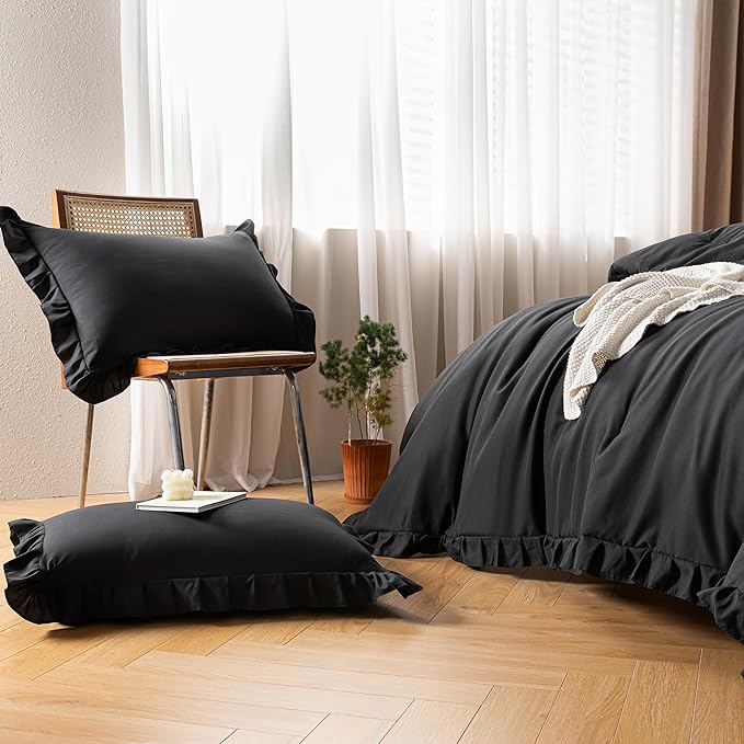 JANZAA Black Comforter Set Twin Comforter Set Ruffled Comforter Set Soft Twin Size Bed Set Vintage Farmhouse Bed Comforter Set Shabby Fluffy Bedding (1 Solid Color Comforter and 1 Pillowcase) - LeafyLoom