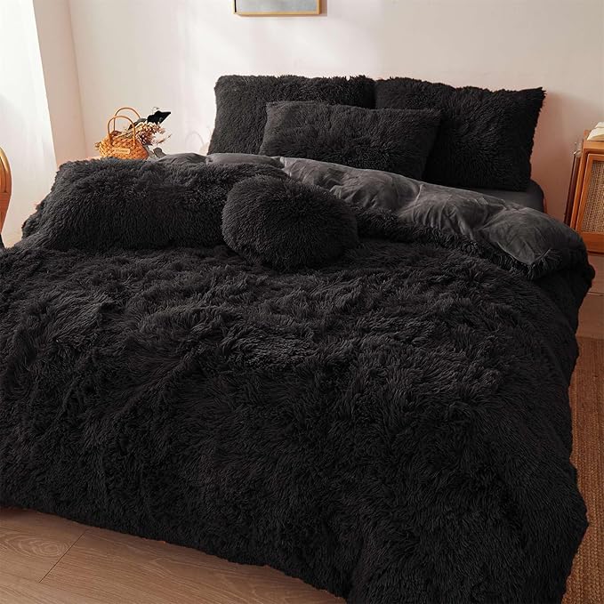Fluffy black comforters Cover twin size - Ultra Soft Plush black bedding Sets 2 Pieces (1 faux fur comforter Cover + 1 fuzzy pillow case) girls shaggy black twin bed set (Black, Twin) - LeafyLoom