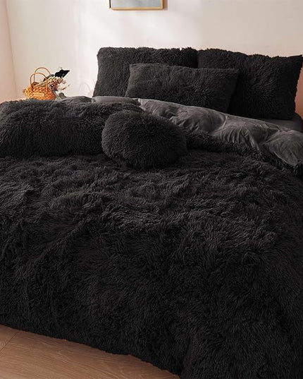 FOPPA Black fluffy Comforter Cover Set king- Ultra Soft fluffy Black Bedding Sets 3 Pieces (1 Duvet Cover + 2 Pillow case) pink fluffy bed set (Black, King) - LeafyLoom