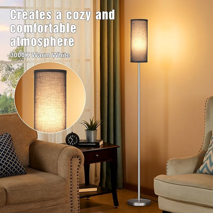 Ambimall Floor Lamps for Living Room, Modern Silver Floor Lamp with Remote Control and Stepless Dimmable Colors Temperature & Brightness (9W Bulb Included, Black Lampshade) - LeafyLoom