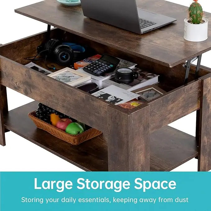 FDW Lift Top Coffee Table with Hidden Compartment and Storage Shelf Wooden Lift Tabletop for Home Living Room Reception Room Office (Brown) - LeafyLoom