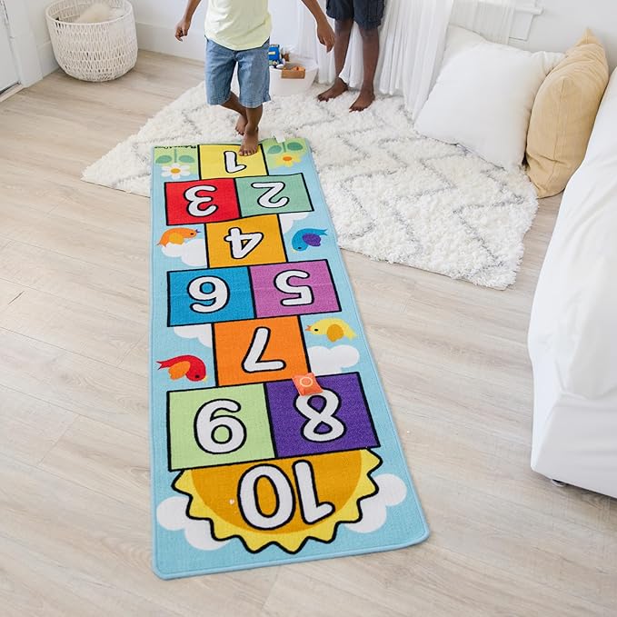 Melissa & Doug Hop & Count Hopscotch Rug (Play Space & Room Decor, Skid-Proof Backing, 27” H x 5.5” W x 5.5” L) - Classic Hopscotch Rug For Kids - LeafyLoom