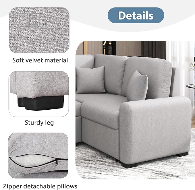 87.4" L-Shape Sectional Sleeper Sofa with Chaise &Pull-out Bed, Chenille Upholstered Couch w/USB Ports, Power Sockets and 3 Pillows, for Living Room, Apartment, 87.4 Inch, Gray - LeafyLoom