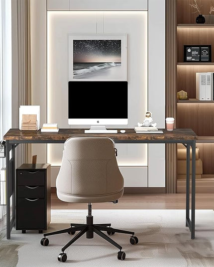 yoyomax Computer Desk, 55 Inch Home Office Desk, Wood Simple Style Student Writing Desk, Study PC Table with Storage Basket and Headphone Hooks, Rustic Brown - LeafyLoom